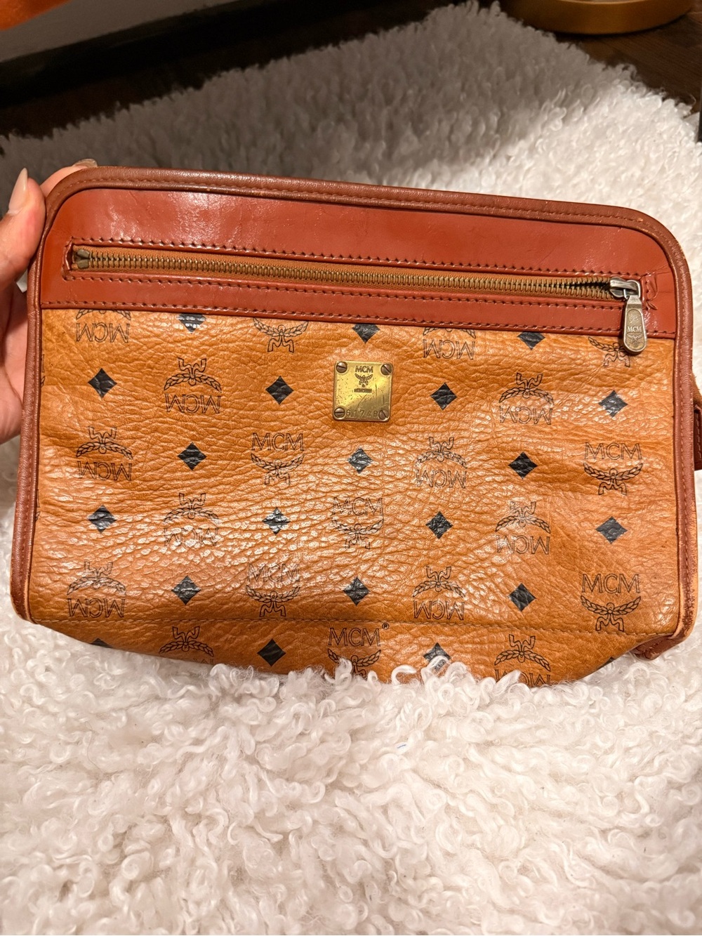 Vintage MCM Cognac Logo Clitch with Leather Trim